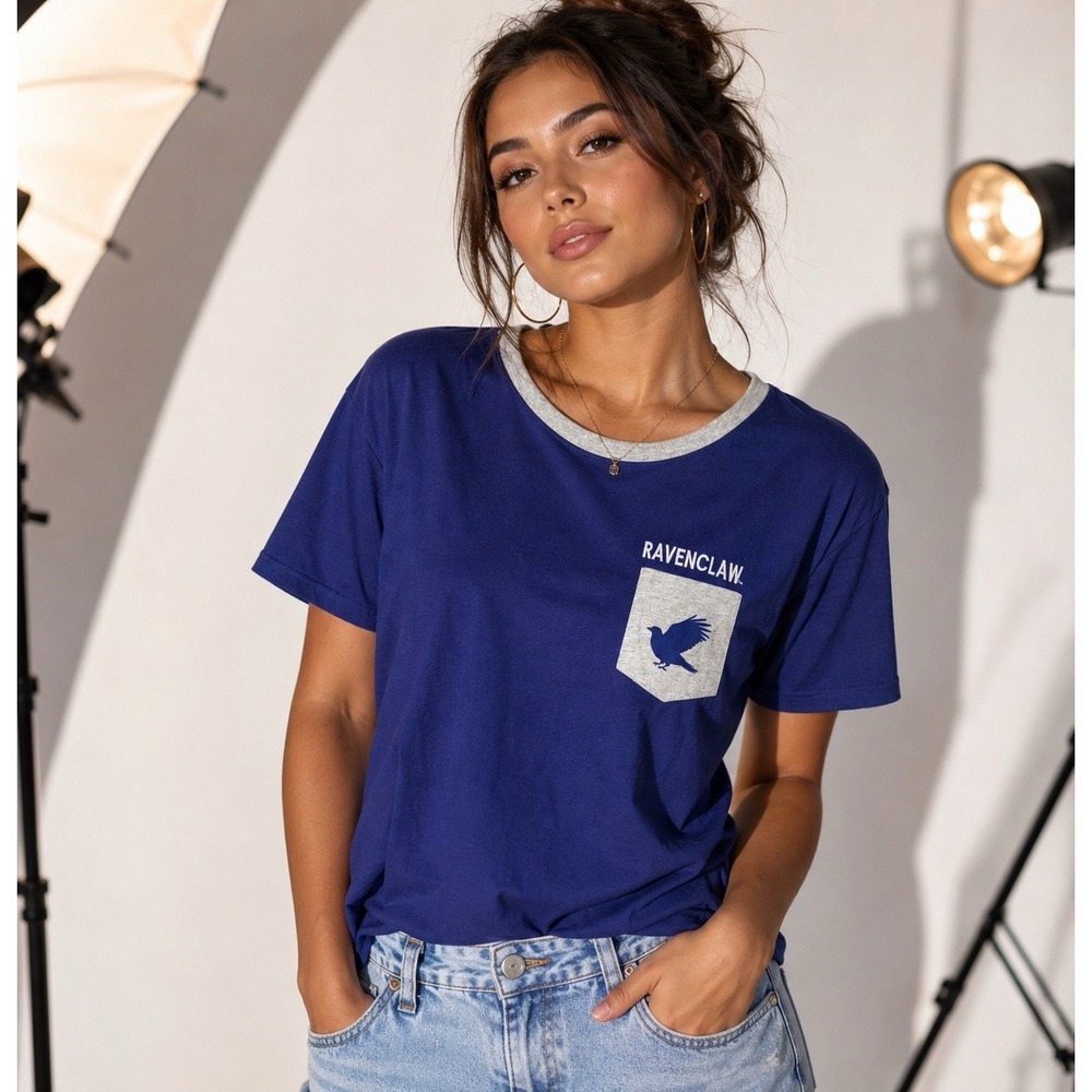 Harry Potter Ravenclaw Women's XL Blue Ringer Pocket Graphic T-Shirt Official